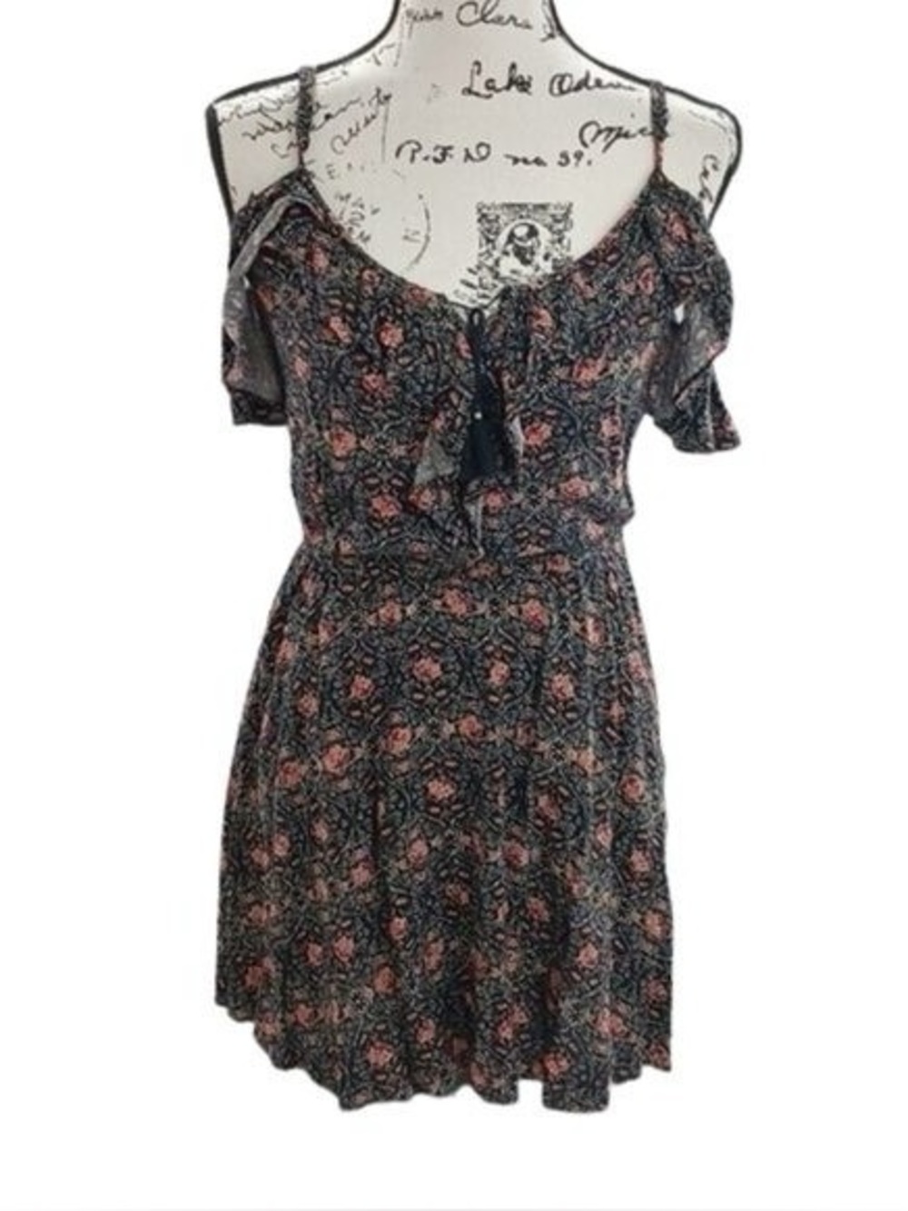 American Eagle Floral Cold-Shoulder Summer Dress in Black and Pink